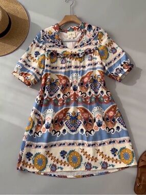 Umgee Multicolor Boho Floral Shift Dress in Blue, Cream & Terracotta